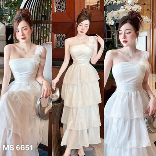 Đầm thiết kế trễ vai 1 vai đi tiệc sang chảnh xoè tơ cao cấp xếp tần