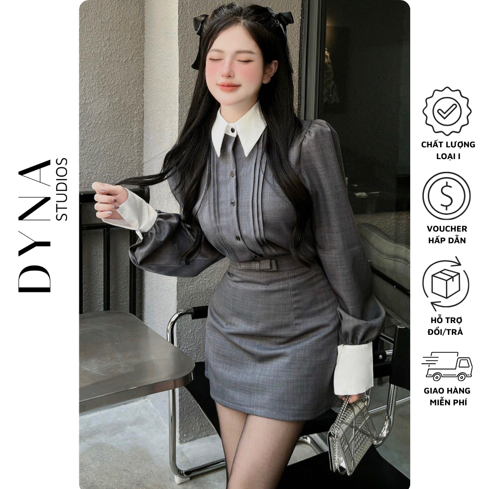 Set áo sơ mi nhún ly phối màu tay dài 𝐒𝐇𝐄'𝐒 kèm chân váy ngắn dáng A đính nơ