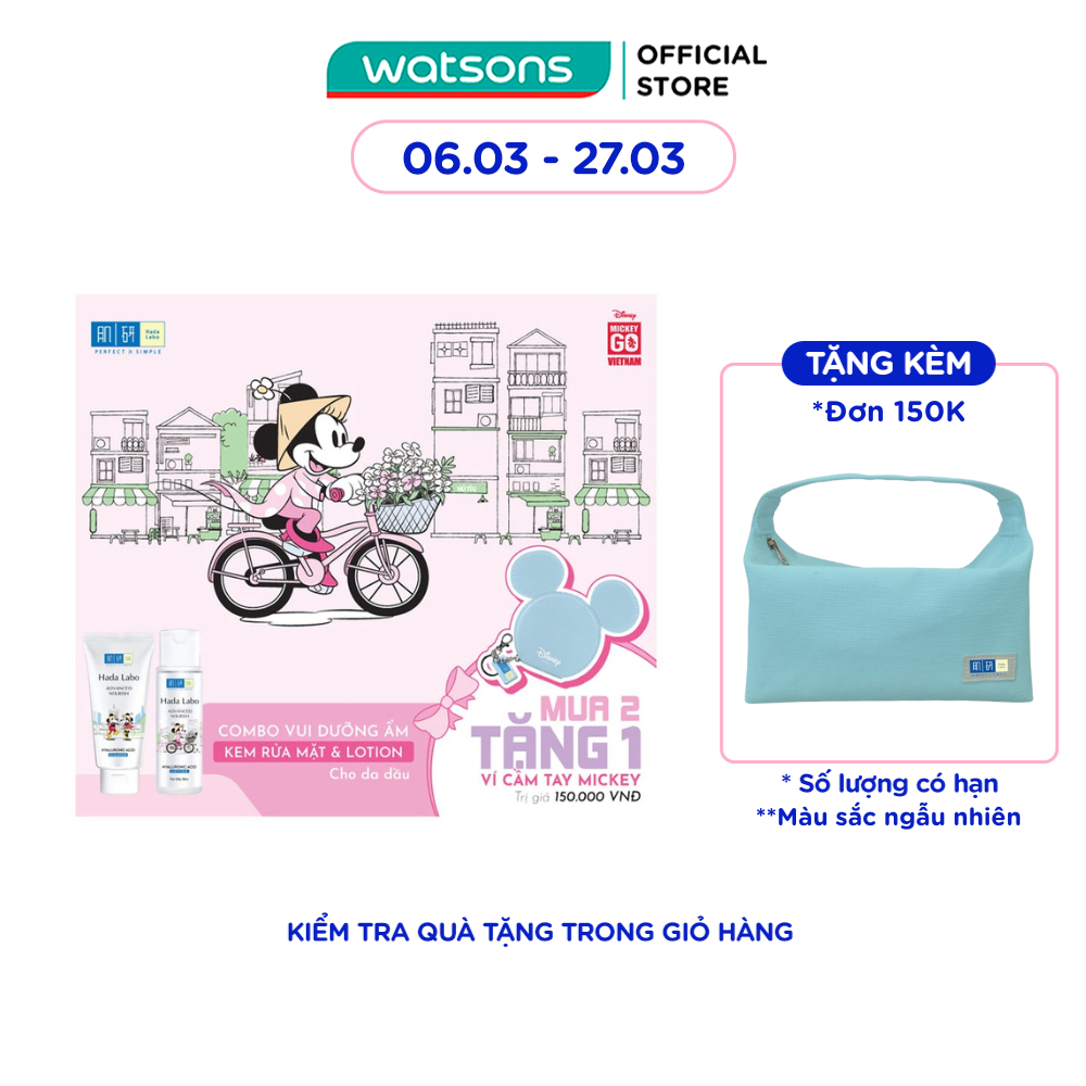 Combo Hada Labo Mickey Dưỡng Ẩm Cho Da Dầu (Kem Rửa Mặt 80g+ Lotion 170ml+ Tặng Ví Cầm Tay Mickey)