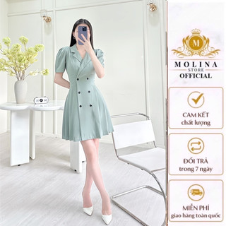 Đầm Cổ Vest Thiết Kế Molina Chất Kaki Lụa Dáng Xếp Ly Xòe Chữ A Cài Nút Thanh Lịch