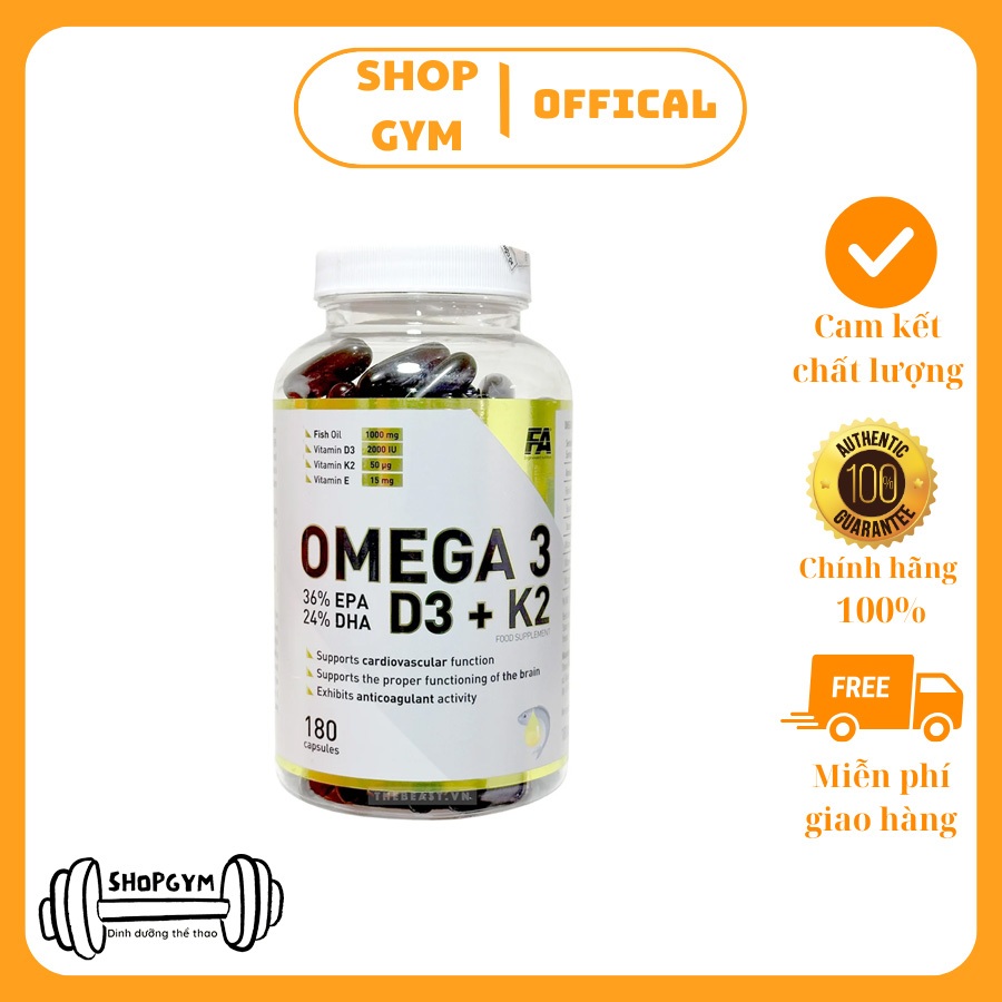 Viên dầu cá FA Nutrition Omega 3 D3 + K2, Fish oil hỗ trợ đẹp da, cải thiện thị lực - Shop Gym