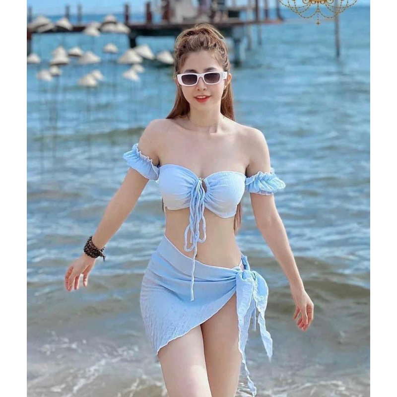 Set bikini bộ bơi đồ bơi nữ đi biển cúp ngực phối khoen tay phồng kèm khăn quấn MANILA S3MTBK | BigBuy360 - bigbuy360.vn