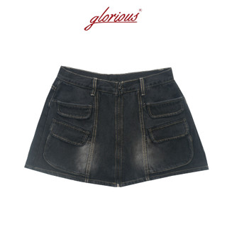 GLORIOUS Quần váy túi hộp khóa kéo trước dáng chữ A Tiny Skirt chất liệu jean