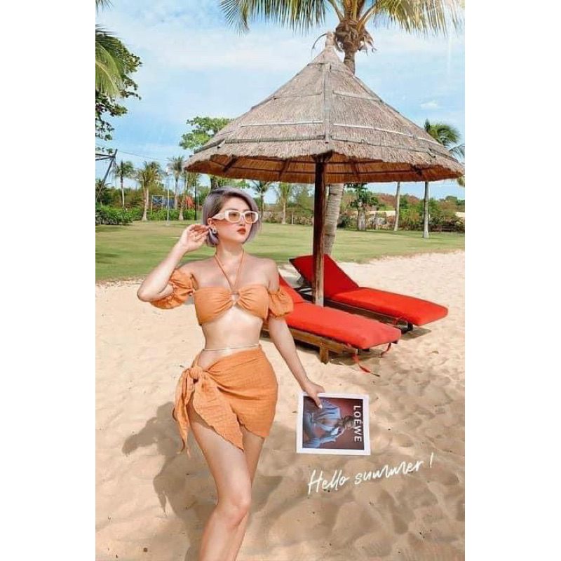 Set bikini bộ bơi đồ bơi nữ đi biển cúp ngực phối khoen tay phồng kèm khăn quấn MANILA S3MTBK | BigBuy360 - bigbuy360.vn
