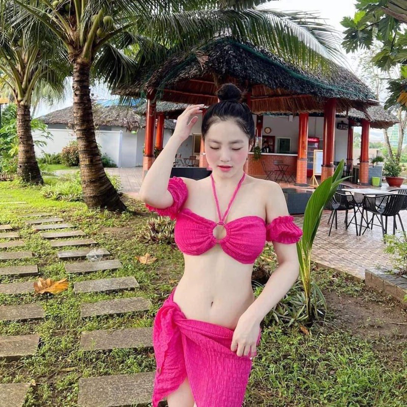 Set bikini bộ bơi đồ bơi nữ đi biển cúp ngực phối khoen tay phồng kèm khăn quấn MANILA S3MTBK | BigBuy360 - bigbuy360.vn