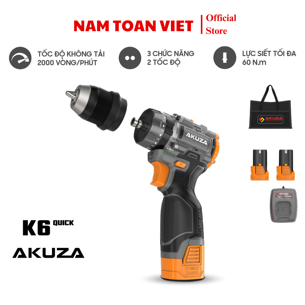 Máy khoan pin 3 chức năng AKUZA K6 đầu kẹp 2 trong 1