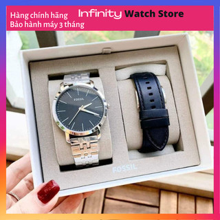 Set đồng hồ nam fossil dây thép không gỉ kèm dây da thay thế model bq2466set