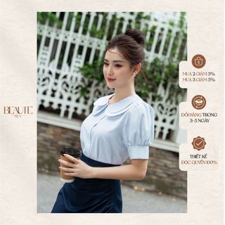 Beautebyv - áo sơ mi nữ kẻ sọc xanh cổ sen 2 tầng ivor