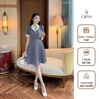 Váy dáng dài công sở basic Giian thiết kế cổ bẻ tay bồng thêu họa tiết phối xếp ly eo đính ngọc cao cấp - VA0709