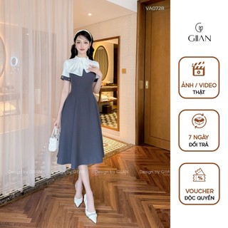 Váy công sở Giian dáng dài ôm eo tiểu thư thiết kế cổ tròn nơ trẻ trung tay thêu hoa thủ công vải tuytsi - VA0728