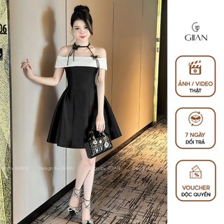 Váy trễ vai dáng xòe tiểu thư Giian thiết kế tết dây cổ đính họa tiết hồ điệp vải tafta cao cấp - VA0494