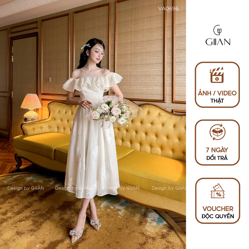Váy trễ vai dáng dài tiểu thư Giian thêu hoa thiết kế hở lưng chiết eo phối bèo dập ly xếp tầng vải tơ nến - VA0696