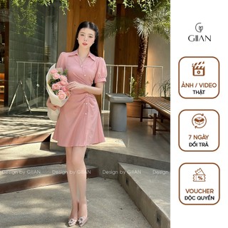 Váy sơ mi dáng dài thắt eo công sở trẻ trung thiết kế xẻ tà trước đính ngọc phối tay bồng thương hiệu GIIAN - VA0129