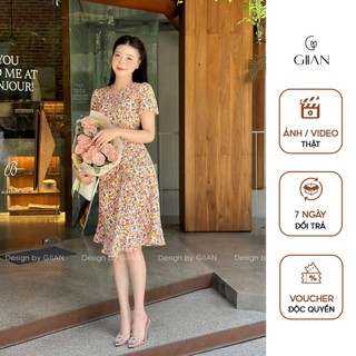 Váy hoa nhí dáng dài tay bồng thiết kế đuôi cá nhún eo rút dây cổ V chính hãng GIIAN - VA1371