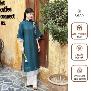 Áo dài cách tân dáng suông 4 tà Giian thiết kế đính hoa cổ tròn tay xếp tầng cách điệu vải tơ crep cao cấp - AD0558