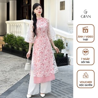 Áo dài cách tân nữ hồng 4 tà họa tiết hồ điệp thiết kế cổ lệch phối tay bồng vải organza cao cấp Giian - AD0560