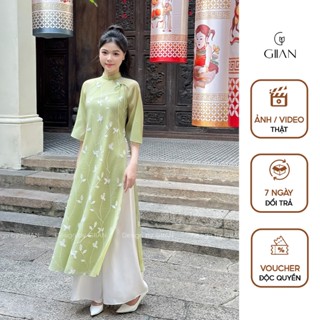 Áo dài cách tân hoa nhí xanh Giian may sẵn thiết kế cổ tròn trẻ trung phối tay suông thêu họa tiết vải tờ mềm - AD0462X