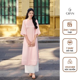 Áo dài lụa thiết kế cách tân Giian dáng suông cổ tròn thêu nơ cổ cao cấp - AD0644