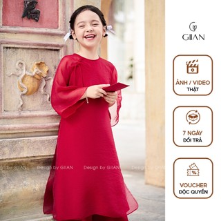 Áo dài bé màu đỏ dáng suông 4 tà thiết kế cổ tròn thêu nơ đính cúc cách điệu chính hãng Giian - AD0641