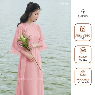 Áo dài hồng cách tân nữ dáng suông thiết kế cổ tròn đính hoa vải tơ mềm cao cấp thương hiệu Giian - AD0443H