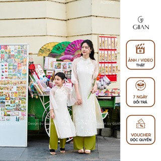 Áo dài tết 2024 cách tân mẹ và bé gái thiết kế 4 tà cổ tròn đính nơ phối tay loe vải tơ thêu hoa nổi Giian AD0462-AD0642