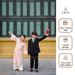Áo dài tết bé gái thiết kế cách tân dáng suông cổ tròn tết dây in hoa nổi từ 10kg đến 40kg chính hãng Giian - AD0645