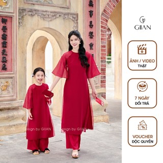 Áo dài đỏ mẹ và bé gái thiết kế cách tân dáng suông 4 tà cổ tròn đính nơ chính hãng Giian - AD0553 AD0641