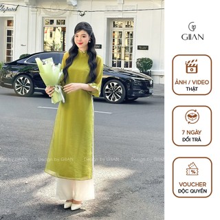 Áo dài cách tân nữ thiết kế cổ tròn thêu hoa 4 tà dáng suông phối tay bồng vải tơ óng cao cấp chính hãng Giian - AD0562