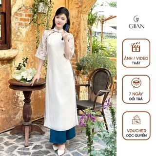 Áo dài cách tân nữ trắng 4 tà thiết kế cổ tròn đính ngọc phối tay tơ in hoa 3D chính hãng Giian - AD0556