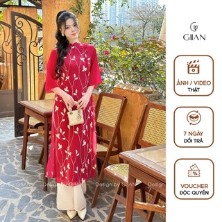 Áo dài đỏ tết cách tân nữ hoa nhí may sẵn thiết kế cổ tròn đính nơ dáng suông 4 tà vải tơ cao cấp Giian - AD0462DO