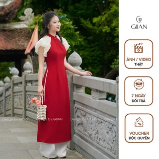 Áo dài cách tân nữ đỏ Giian thiết kế tay bồng cổ tròn đính ngọc vải trượt hàn cao cấp - AD0448