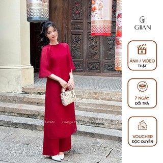 Áo dài đỏ nữ cách tân thiết kế Giian dáng suông 4 tà cổ tròn tay loe đính nơ chất liệu tơ óng cao cấp - AD0553