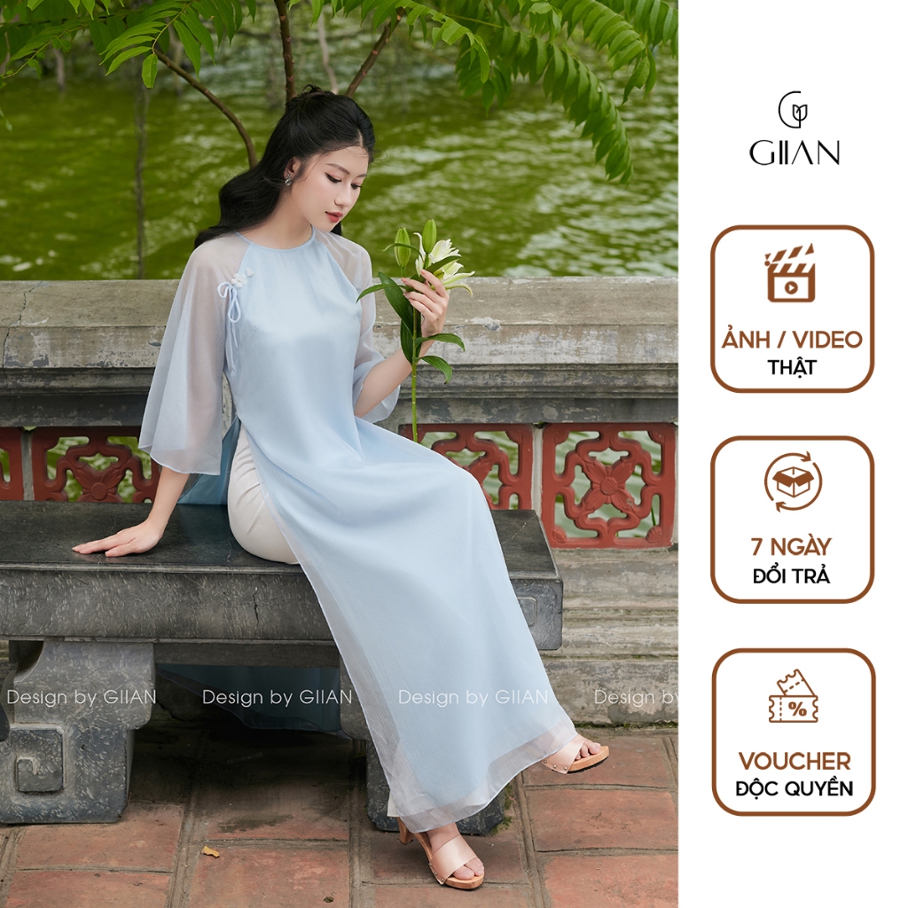 Áo dài cách tân nữ dáng suông 4 tà thiết kế cổ tròn thêu hoa thủ công tay loe vải tơ mềm chính hãng Giian - AD0443