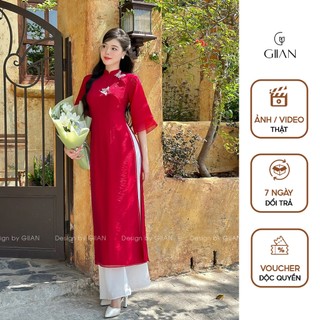 Áo dài cách tân nữ Giian màu đỏ thiết kế 4 tà tay bồng cánh tiên đính hồ điệp vải tơ óng cao cấp chính hãng - AD0601