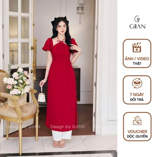 Áo dài cách tân nữ đỏ Giian cổ yếm thiết kế tay bồng vải trượt mềm may sẵn cho cô dâu, dự tiệc, mặc tết - AD0432 QU0096