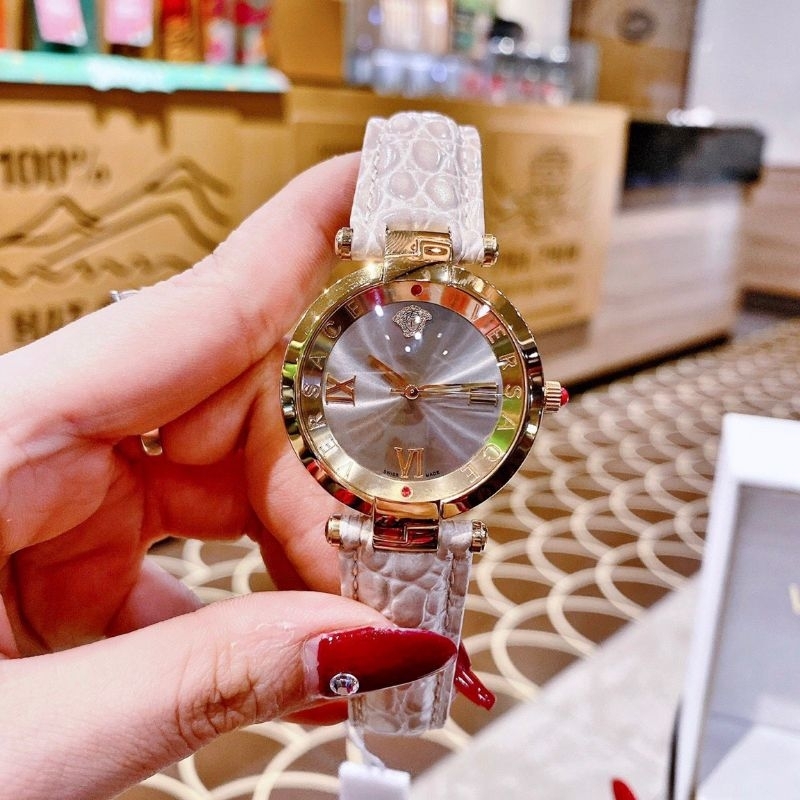 Đồng Hồ Nữ Versace Mặt Tròn Dây Da Máy Quartz  Thuỵ Sỹ Cao Cấp