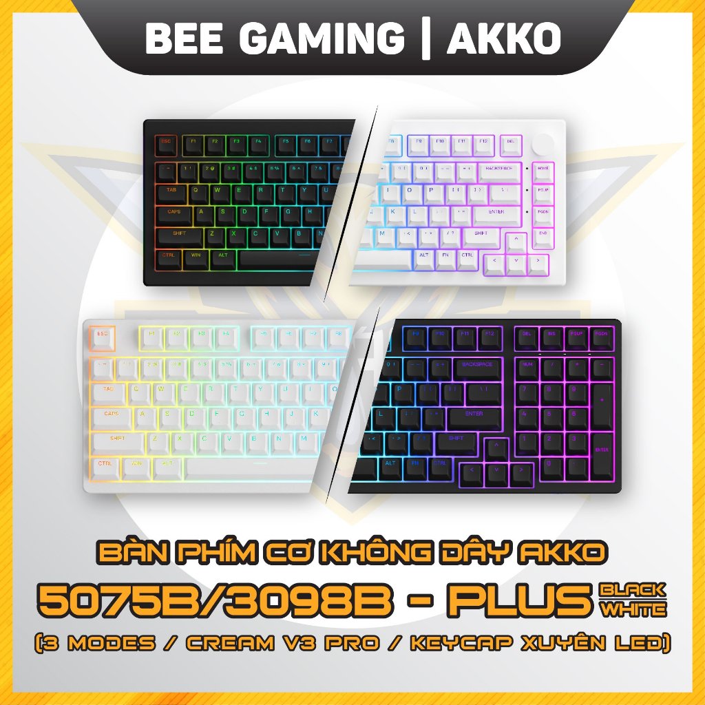 Bàn phím cơ không dây AKKO 5075B / 3098B Plus - Black / White (3 modes kết nối / Cream Switch v3 / K