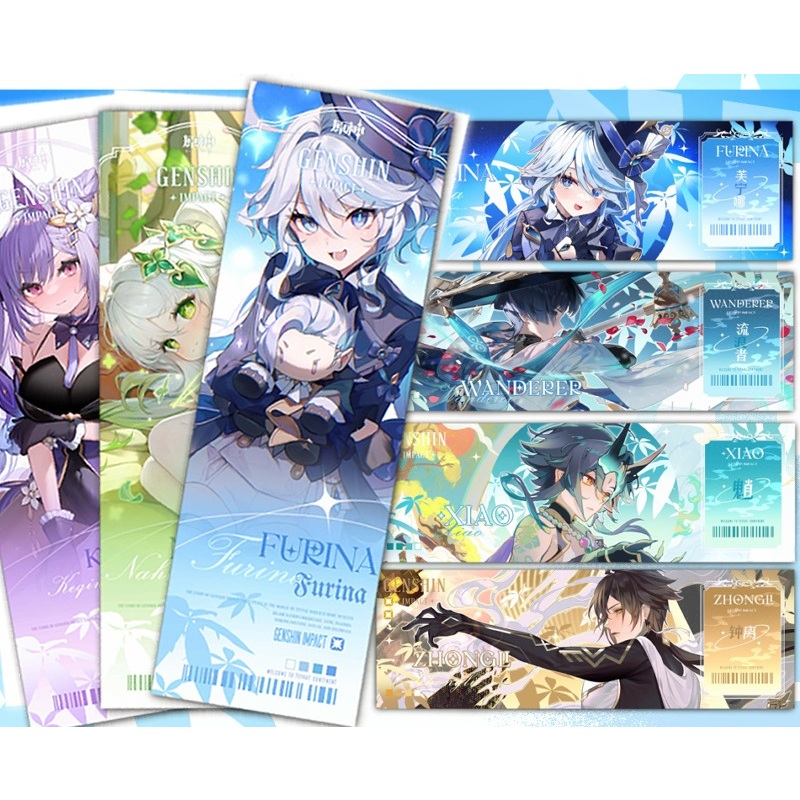 Thẻ Genshin Impact 2 mặt - 21x7cm hiệu ứng Bling Bling Laser Vé Ticket Furina Nahida Zhongli Yaemiko