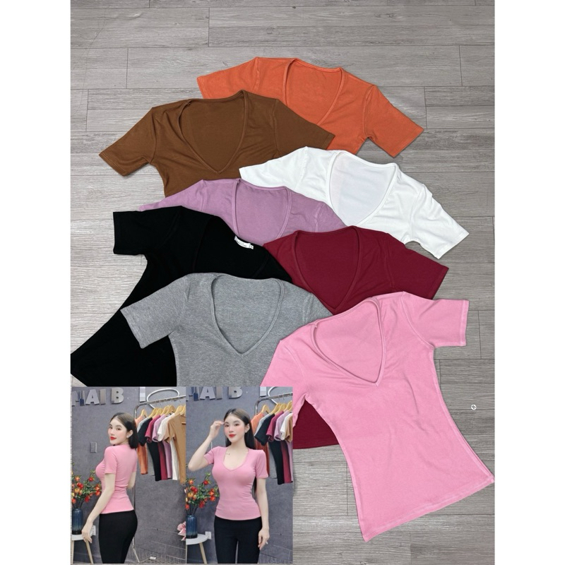 A9 - Áo Cổ Tim Tay Ngắn Body Mai Bùi Store Thun