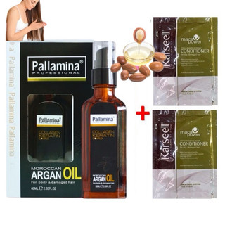 TINH DẦU PALLAMINA ARGAN OIL SERUM DƯỠNG BÓNG PHỤC HỒI TÓC, CHỐNG XƠ RỐI 60ML + 2 GÓI DẦU XẢ KARSEELL 15ML