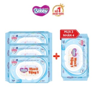 Combo 3 + 1 gói khăn ướt bobby 100 tờ không mùi mẫu mới