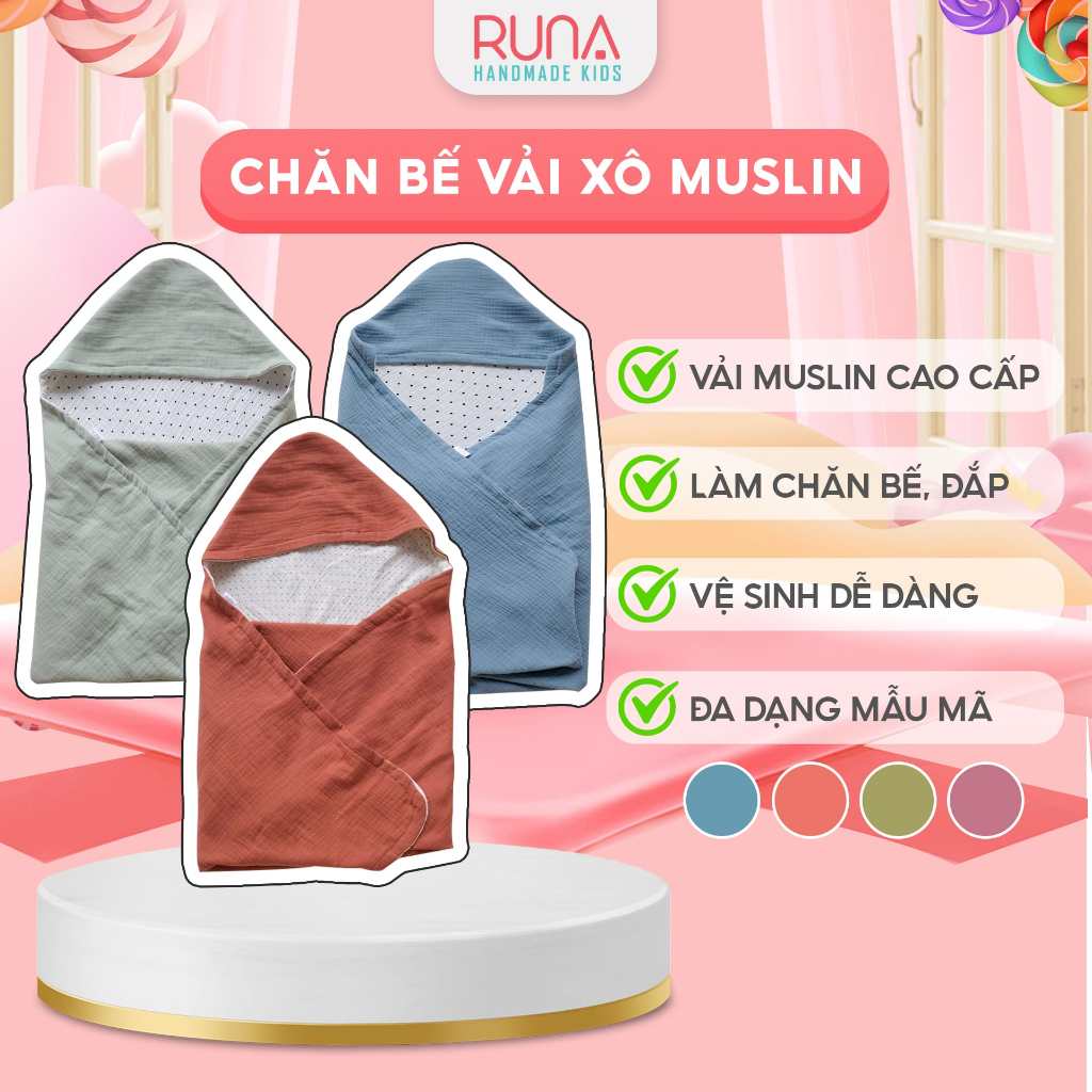 Chăn bế cho trẻ sơ sinh RUNA KIDS chất vải xô Muslin mềm mại thấm hút tốt an toàn cho bé