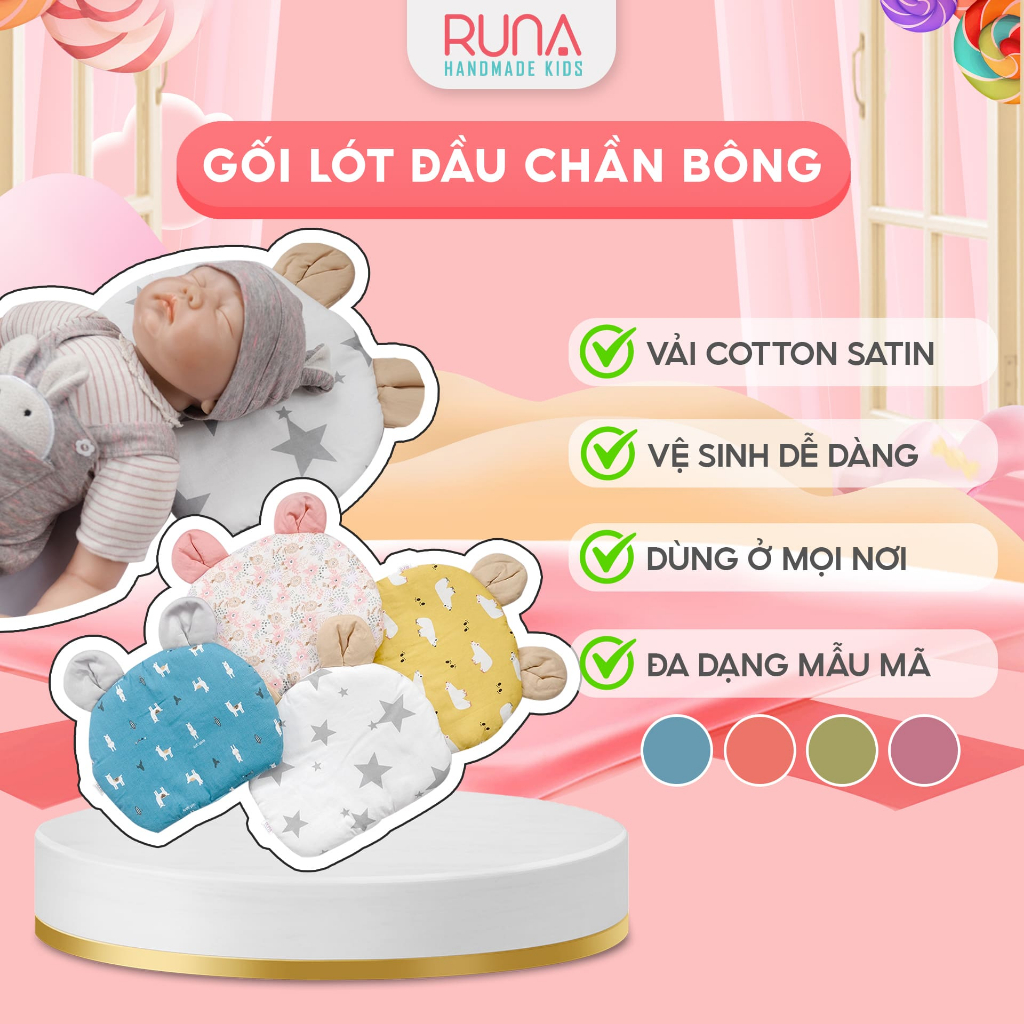 Gối lót đầu cho trẻ sơ sinh RUNA KIDS hình tai gấu chất liệu Satin cao cấp mềm mịn, thoáng mát, an toàn cho da bé