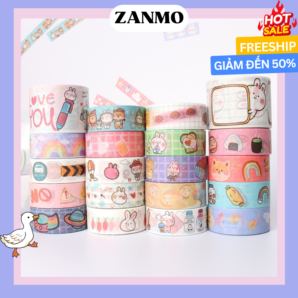 Zanmo Băng Keo Giấy Dính Washi Tape Gấu Thỏ Mèo Cún Trang Trí Xinh Xắn 5 Mét
