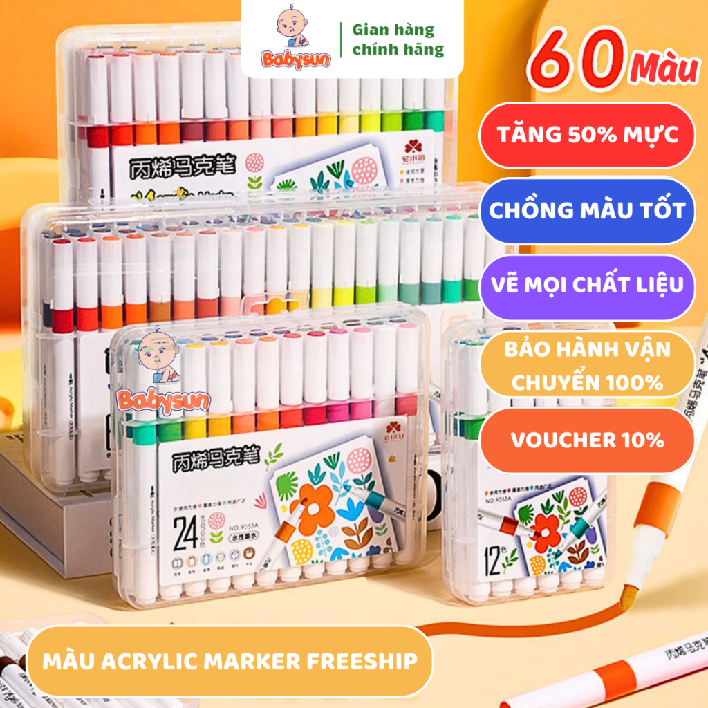 Bút màu Acrylic Marker 💝VOUCHER + FREESHIP💝 12/24/36/48/60 Màu Acrylic chống nước BABYSUN - Bút lông màu arcylic