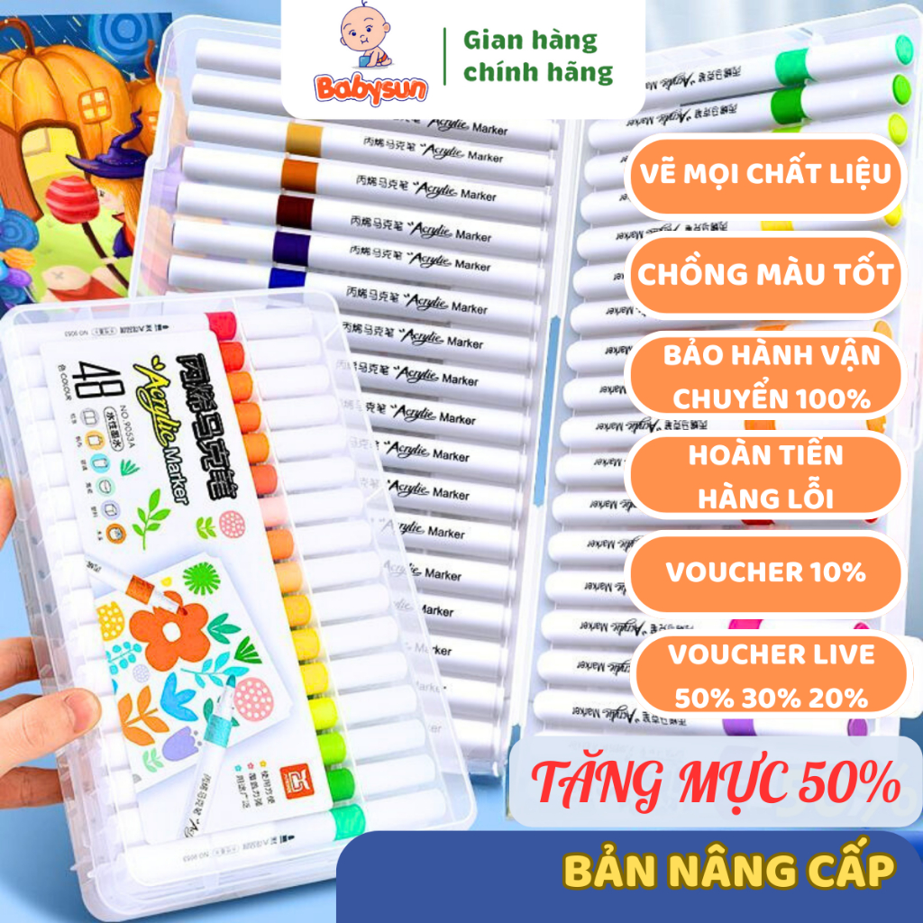 Bút màu Acrylic Marker 💝FREESHIP💝 12/24/36/48/60 Màu cao cấp BABYSUN - Bút lông màu họa cụ, bút dạ sơn màu
