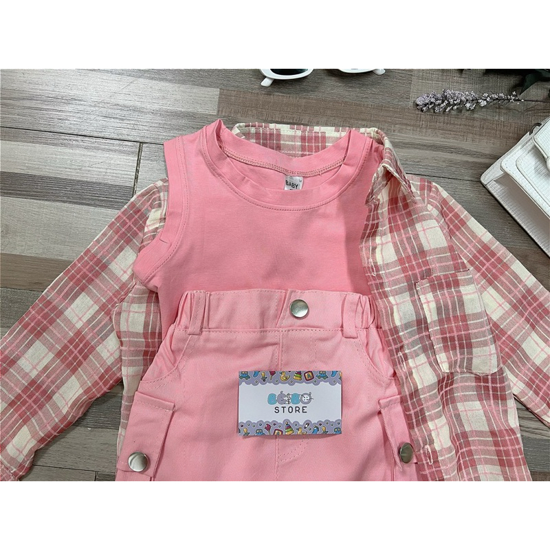 Bộ 3 chi tiết Áo thun cotton và chân váy kaki kèm áo sơ mi caro cho bé gái siêu cá tính