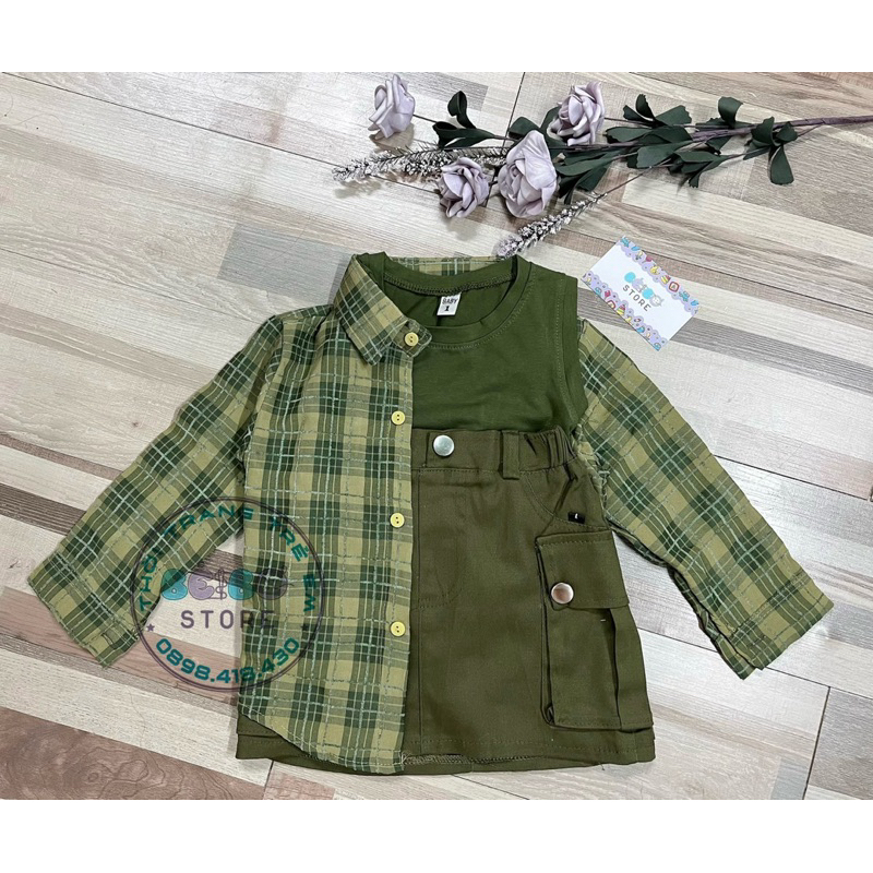 Bộ 3 chi tiết Áo thun cotton và chân váy kaki kèm áo sơ mi caro cho bé gái siêu cá tính