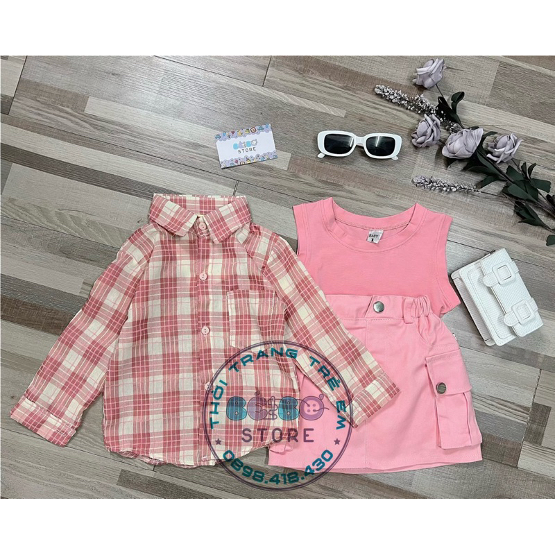 Bộ 3 chi tiết Áo thun cotton và chân váy kaki kèm áo sơ mi caro cho bé gái siêu cá tính