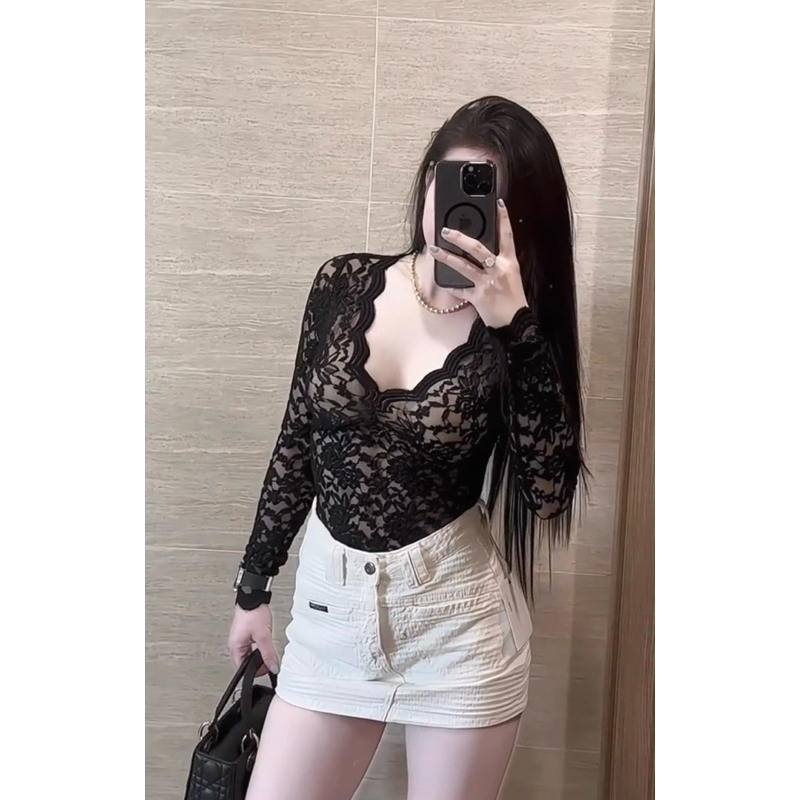 Áo ren cổ V dài tay dễ mix đồ sexy sang chảnh
